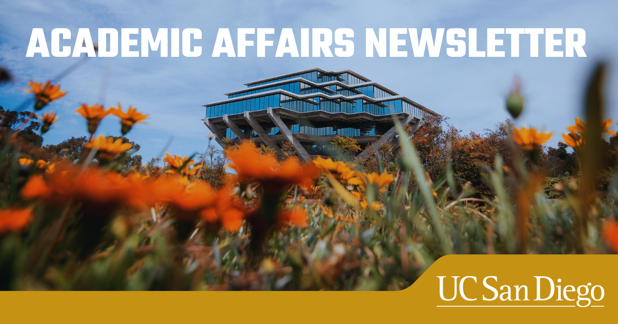 Geisel Library with orange poppy flowers